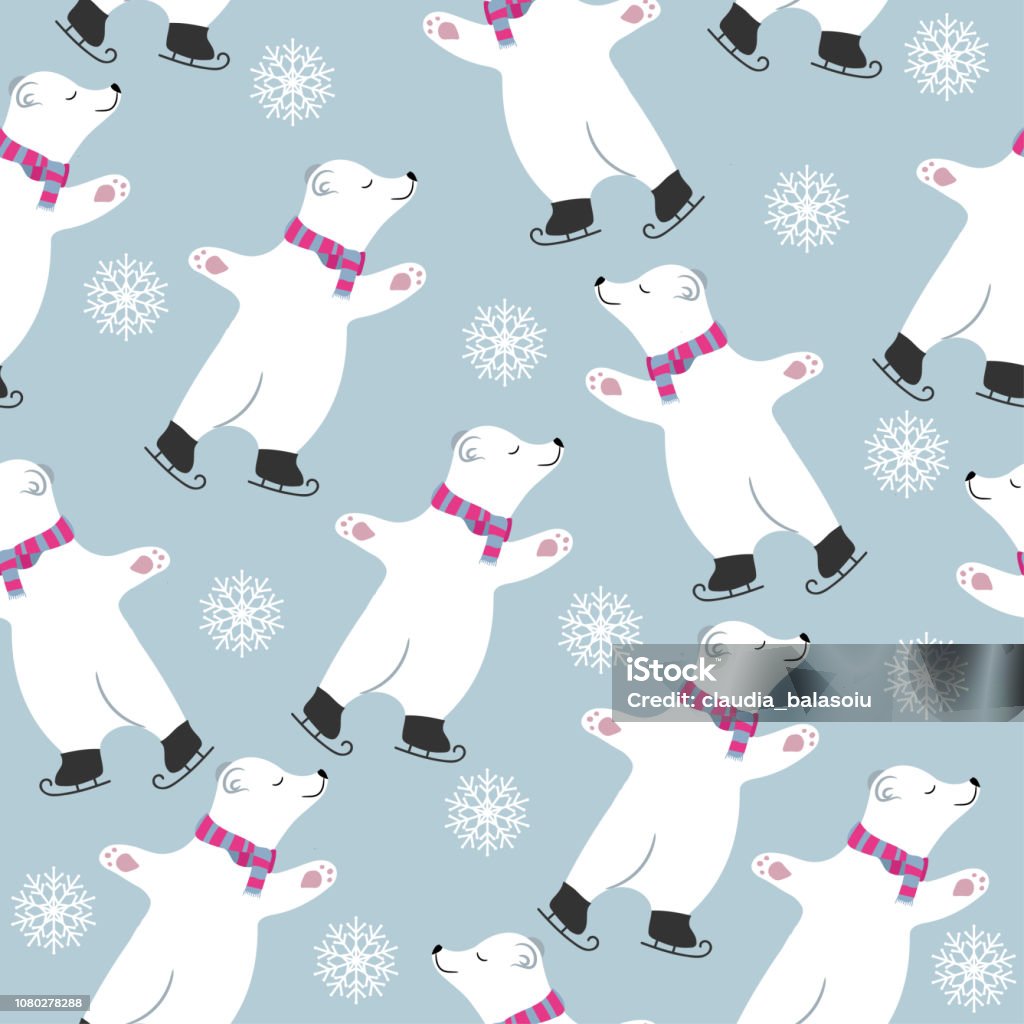 Christmas card collection with polar bears skatting Christmas seamless pattern with polar bears skatting. Suitable for Christmas posters, wrapping and print. Vector Animal stock vector