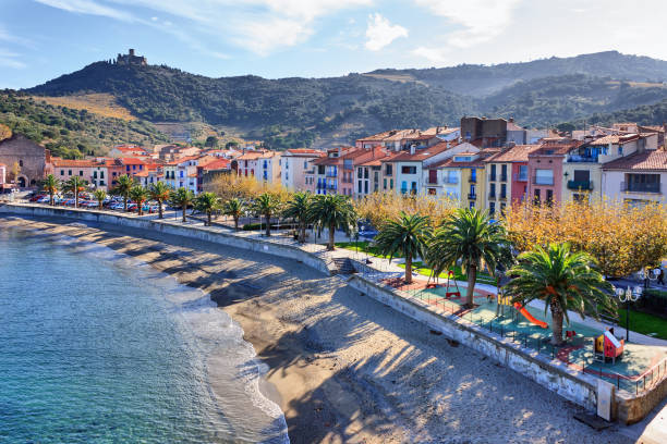 French travel destination: Harbour of Collioure at the Côte Vermeille Collioure -  a small town at the Cote Vermeille (mediterranean sea), Department Pyrenees-Orientales in Languedoc-Roussillon, Southern France. The promenade with palm trees at the beach. Sunny winter day. collioure stock pictures, royalty-free photos & images