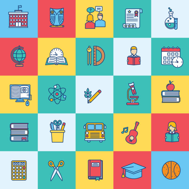 Thin Line Education Icon set Thin Line Education or school icons clipart of school supplies stock illustrations