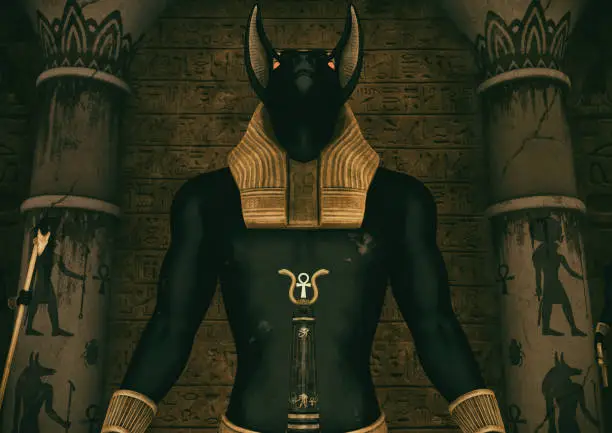A scene with a close-up view of a huge statue of the Egyptian God Anubis.