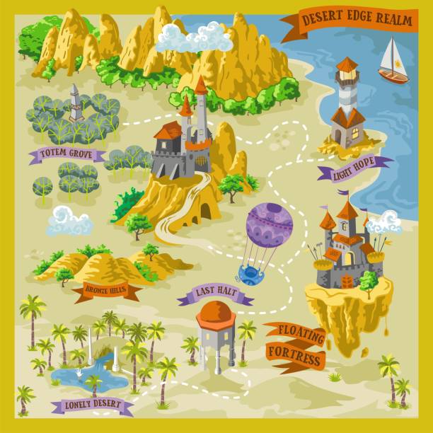 Fantasy advernture map for cartography with colorful doodle hand draw vector illustration in desert land Advernture fantasy map for cartography with colorful doodle hand draw vector illustration in desert land camel train stock illustrations
