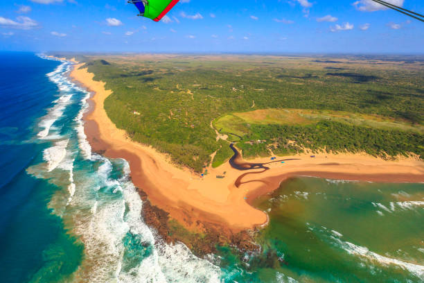 Sodwana Bay Coast aerial Aerial view of Sodwana Bay National Park within the iSimangaliso Wetland Park, Maputaland, an area of KwaZulu-Natal on the east coast of South Africa. Indian Ocean landscape. isimangaliso wetland park stock pictures, royalty-free photos & images