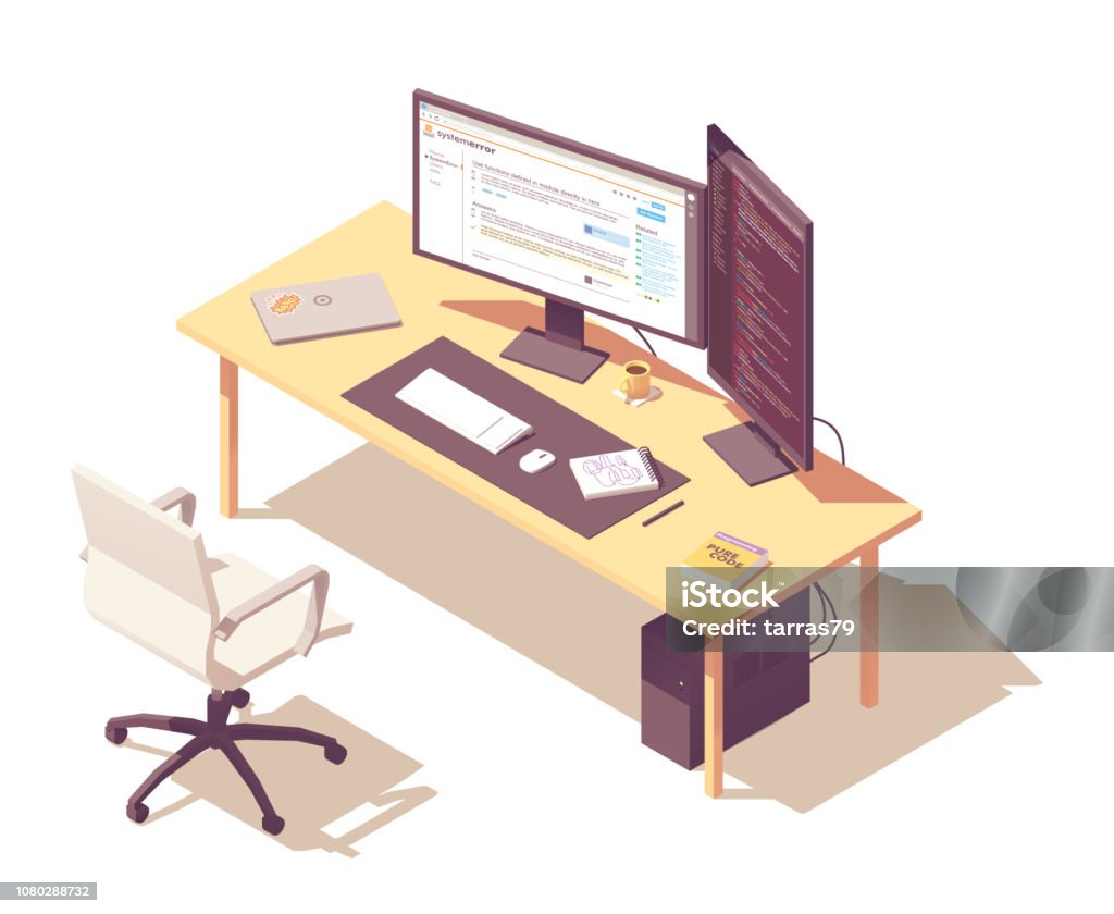 Programming Office Drawing Vector Isometric Programmer Workplace Stock Illustration - Download ...