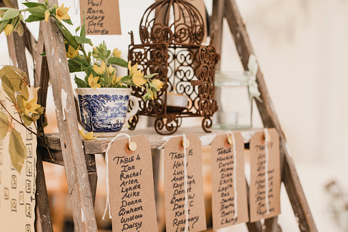A close-up shot of a wooden step ladder at a wedding venue, place cards can be seen with a list of all the wedding guests and a seating plan.