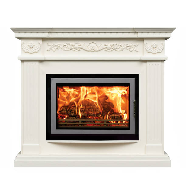 istock Burning classic fireplace of white marble. Isolated on white 1080292548