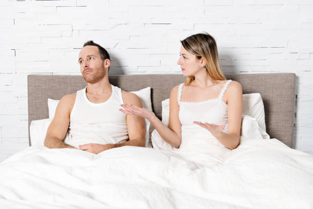 istock Bad Couple conflict on bed. Couple mistake 1080295144