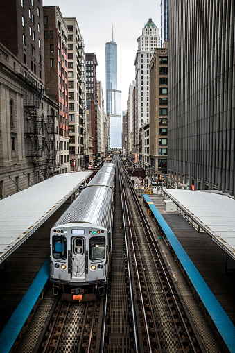 Skyline and city transportation in Chicago, USA
