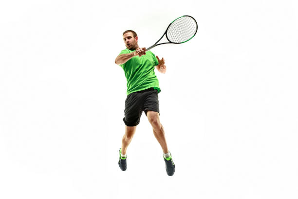 istock one caucasian man playing tennis player isolated on white background 1080296406