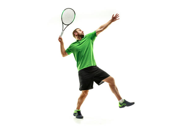 istock one caucasian man playing tennis player isolated on white background 1080296430
