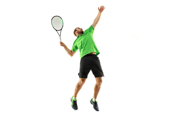 istock one caucasian man playing tennis player isolated on white background 1080296446