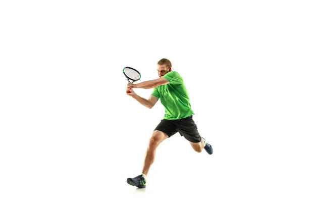 istock one caucasian man playing tennis player isolated on white background 1080296456