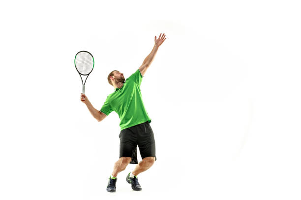 istock one caucasian man playing tennis player isolated on white background 1080296460