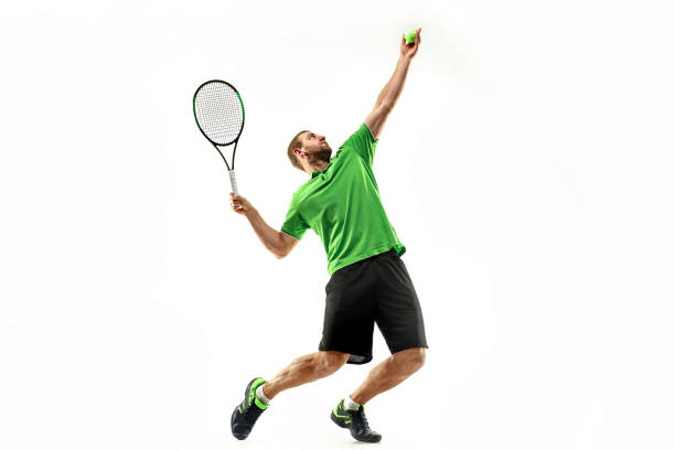 istock one caucasian man playing tennis player isolated on white background 1080296472