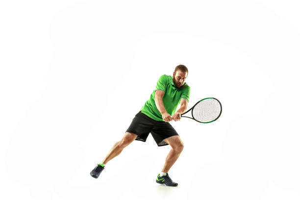 istock one caucasian man playing tennis player isolated on white background 1080296480