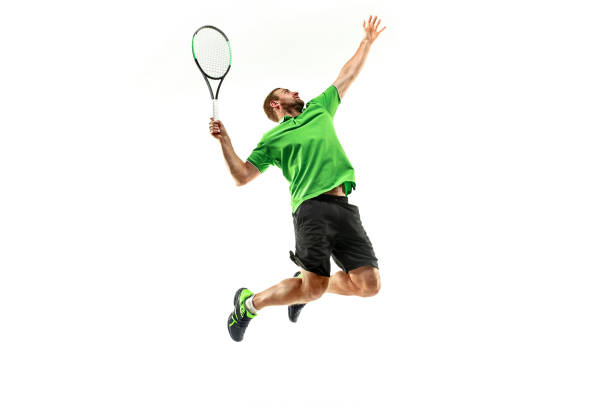 istock one caucasian man playing tennis player isolated on white background 1080296502