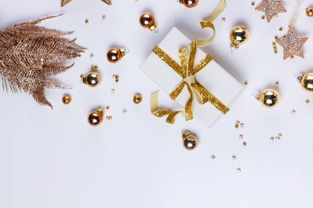 istock Christmas flat lay scene with golden decorations 1080296636
