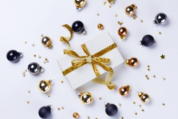 istock Christmas flat lay scene with glass balls 1080296786