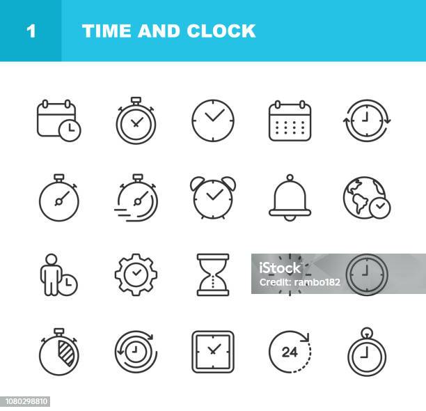 시간과 시계 라인 아이콘입니다 편집 가능한 선입니다 픽셀 완벽 한입니다 모바일과 웹 아이콘에 대한 스톡 벡터 아트 및 기타 이미지 - 아이콘, 시간, 벽 시계