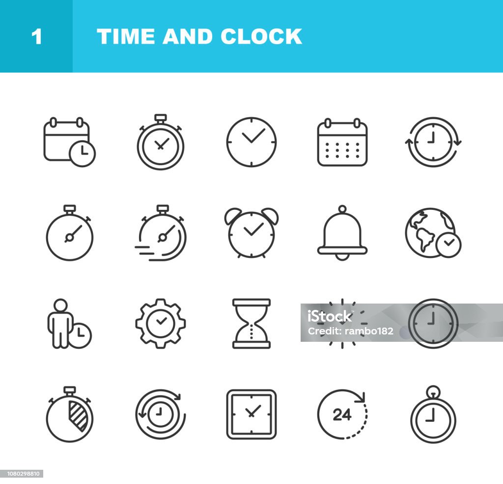 Time and Clock Line Icons. Editable Stroke. Pixel Perfect. For Mobile and Web. Contains such Icons as Clock, Hourglass, Stopwatch, Time Management, Timer. Icon stock vector