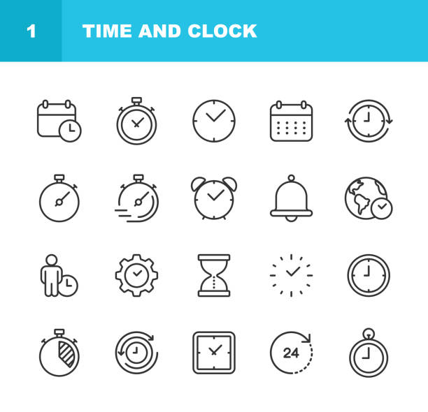 Time and Clock Line Icons. Editable Stroke. Pixel Perfect. For Mobile and Web. Contains such Icons as Clock, Hourglass, Stopwatch, Time Management, Timer. happy hour illustrations stock illustrations