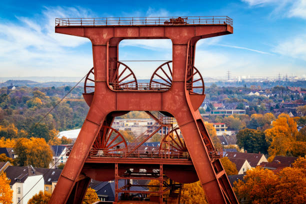 Industrial architecture in the Ruhr, Essen, Germany German contemporary industrial architecture - Shaft Tower in coal mine factory in Essen essen germany stock pictures, royalty-free photos & images