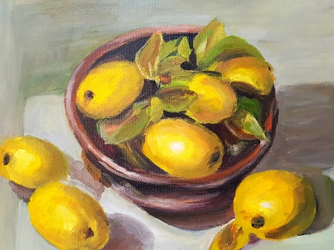 The fruit still life drawing on a canvas painting.