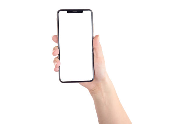 smartphone mit einem leeren weißen bildschirm. neue beliebte smartphone in der hand auf weißem hintergrund. - menschliche hand stock-fotos und bilder