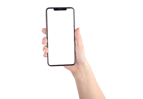 Smartphone con una pantalla blanca en blanco. Nuevo smartphone popular en mano sobre fondo blanco. photo