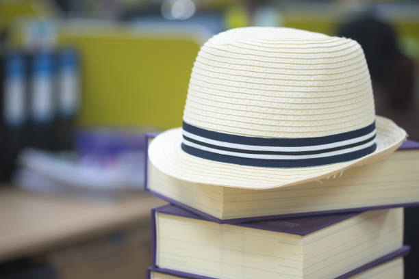 istock Cute white straw hat put on book. Vacation concept. 1080302990