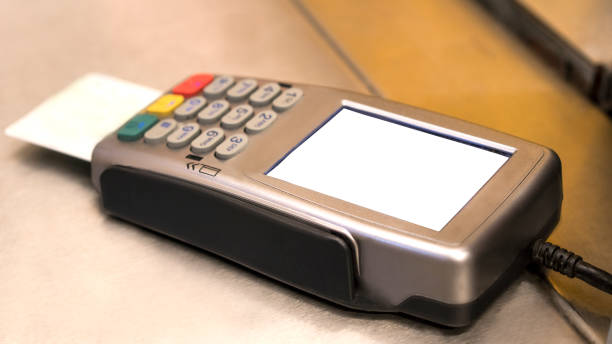 istock POS device with credit card / White screen 1080306542