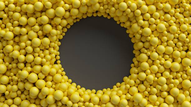 render 3d, bolas amarillas, antecedentes, marco redondo, agujero - dorado color fotografías e imágenes de stock