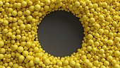 3d render, yellow balls, abstract background, round frame, hole