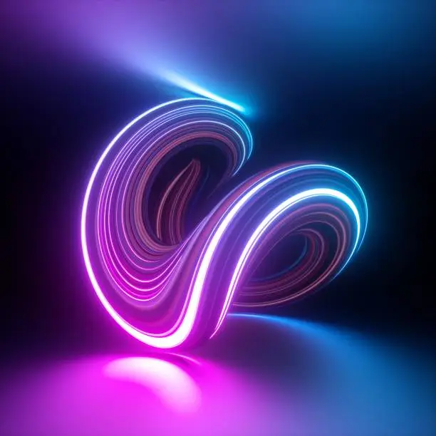 Photo of 3d render, abstract background, modern loop shape, violet pink glowing neon light, colorful lines, ultraviolet, bright candy colors, glitch effect, isolated distorted object