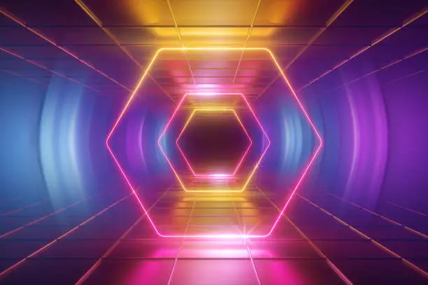 Photo of 3d render, ultraviolet neon light, tunnel, hexagon, frame, abstract background, hexagonal portal, virtual reality environment, glowing lines, pink blue yellow spectrum, vibrant colors, laser show