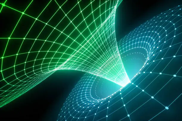 Photo of 3d render, abstract cosmic background, green funnel grid, ultraviolet spectrum, gravity, matter, space, wormhole