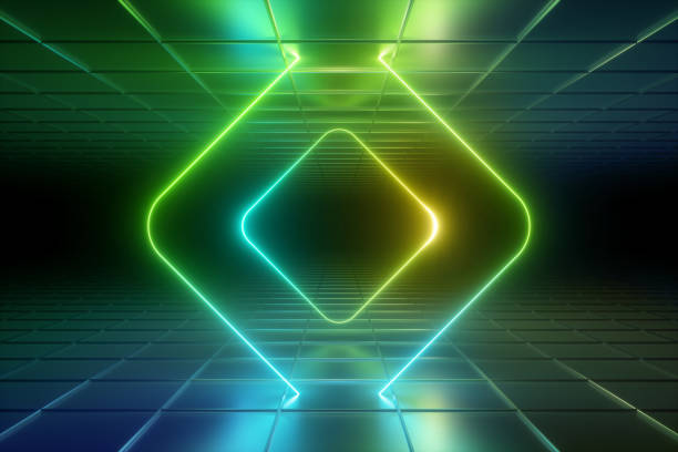 istock 3d render, green neon portal, rounded square frame, glowing lines, tunnel, corridor, virtual reality, abstract fashion background, violet neon lights, arch, pink blue vibrant colors, laser show 1080309574