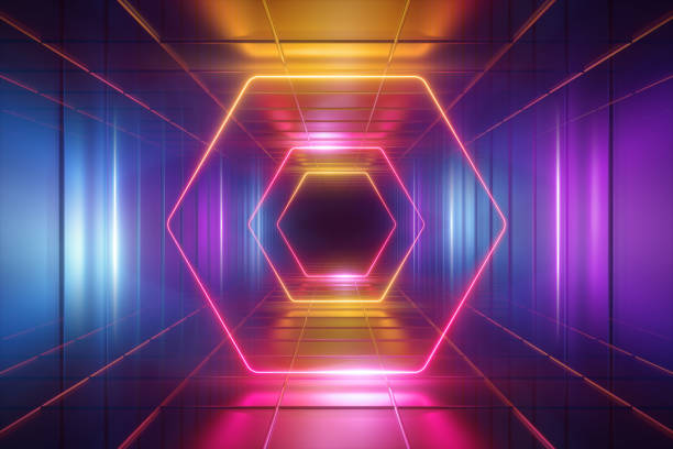 istock 3d render, pink yellow violet neon light, tunnel, hexagon, frame, abstract background, hexagonal portal, virtual reality environment, glowing lines, infrared spectrum, vibrant colors, laser show 1080309608
