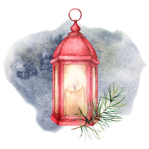 光る赤い提灯と雪で水彩冬イラスト。かわいい装飾的組成物: キャンドル ランプ、モミ枝、松コーンは、白い背景で隔離。手描きの居心地の良いアイコン。 - pine tree pine cone branch isolated点のイラスト素材／クリップアート素材／マンガ素材／アイコン素材