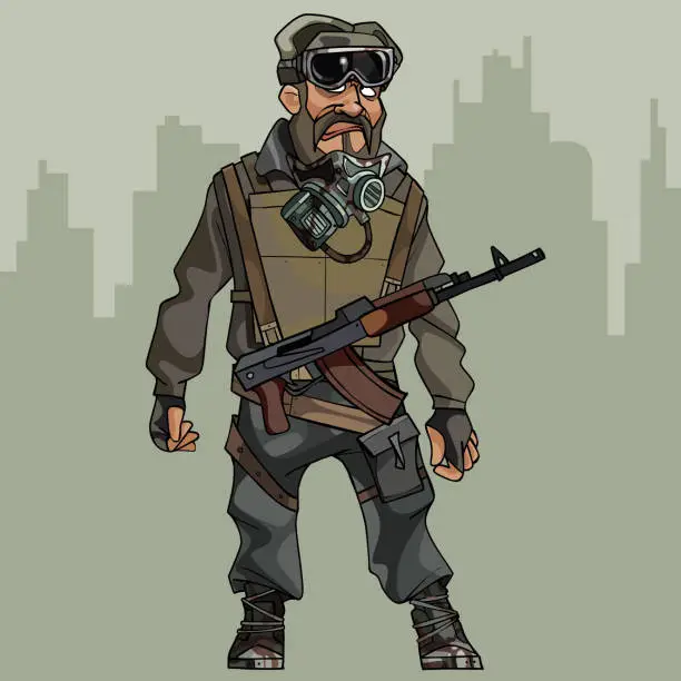 Vector illustration of cartoon apocalypse man with respiratory mask and machine gun