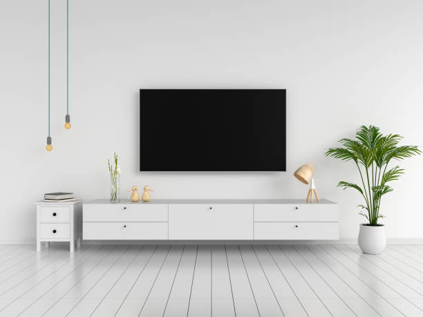 breitbild-tv und sideboard im wohnzimmer, 3d rendering - anrichte stock-fotos und bilder