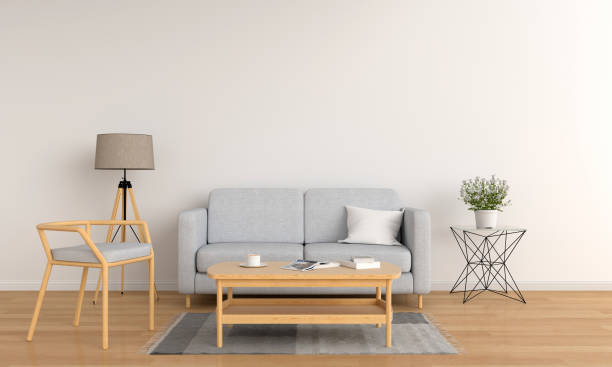 istock Gray sofa in white living room, 3D rendering 1080315216