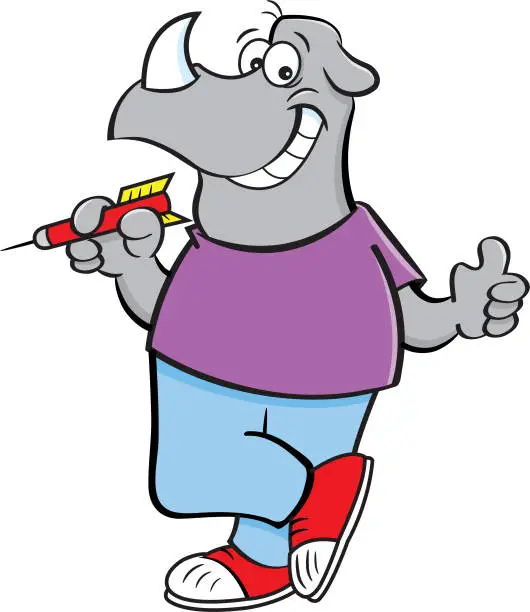 Vector illustration of Cartoon rhino holding a dart while giving thumbs up.