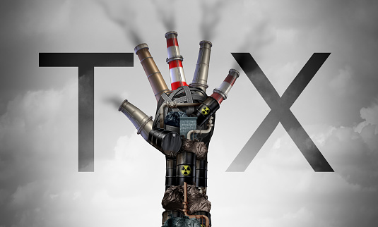 Carbon tax symbol of energy as oil and gas price increase and taxes on coal plants and nuclear fuel power plant shaped as a hand as a concept for environmental green tariffs with 3D illustration elements.