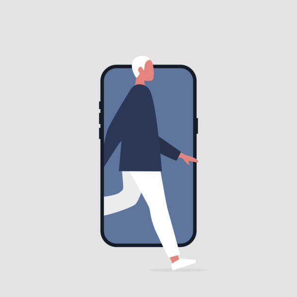 istock Young active male character stepping out of the smartphone screen. Millennial user. Mobile. Technologies. Flat editable vector illustration, clip art 1080316978
