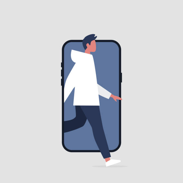 istock Young active character stepping out of the smartphone screen. Millennial user. Mobile. Technologies. Flat editable vector illustration, clip art 1080316992