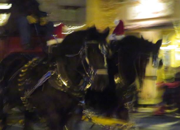 Two black horses, one with a Santa hat, in a fast pace movement pulling a coach with a driver up on top controlling the reins.