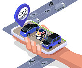 Car sharing concept. Car station located on smartphone screen. Can use for web banner, infographics, hero images. Flat isometric vector illustration on white background