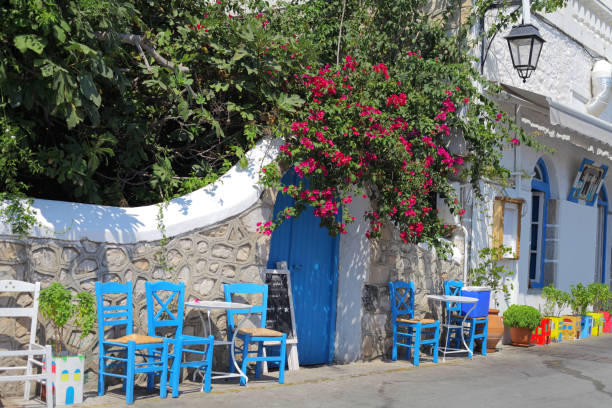 Spetses, Greece – August 15, 2018: Typical Greek tavern with white walls and blue door and windows on promenade street with blue wooden chairs, lovely flowerpots, fig and bougainvillea during warm sunny summer day, Spetses island at Saronic Gulf, Peloponnese, Greece