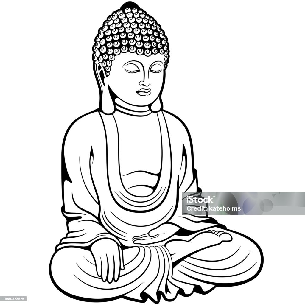 Buddha sitting in lotus pose, digital ink drawing Buddha stock vector