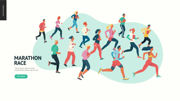 illustrations, cliparts, dessins animés et icônes de groupe de course de marathon - marathon running jogging group of people